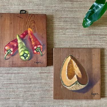 Vintage Fruit Art by Lynn Spaugh - Wood Fruit Art - Cantaloupe - Green & Red Pepper - Rustic Vintage Kitchen Decor - Fruit Art - Set of Two 