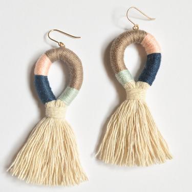 Statement Tassel Earrings - Handmade Cotton Wrapped Fiber Fringe - Multicolor, Blue, Peach, Brown - Bridesmaid - Gold Filled, Sensitive Ears 