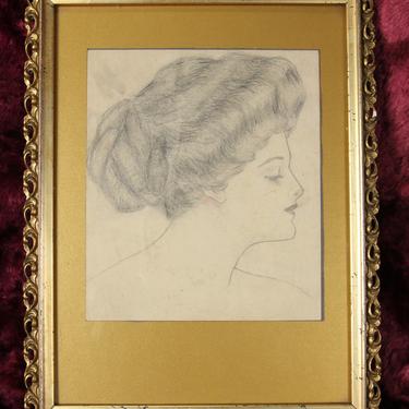Hand Drawn Antique Pencil Sketch of a Gibson Girl in Frame 