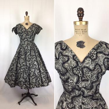 Vintage 50s dress | Vintage flocked taffeta fit and flare dress | 1950s black and white party dress 