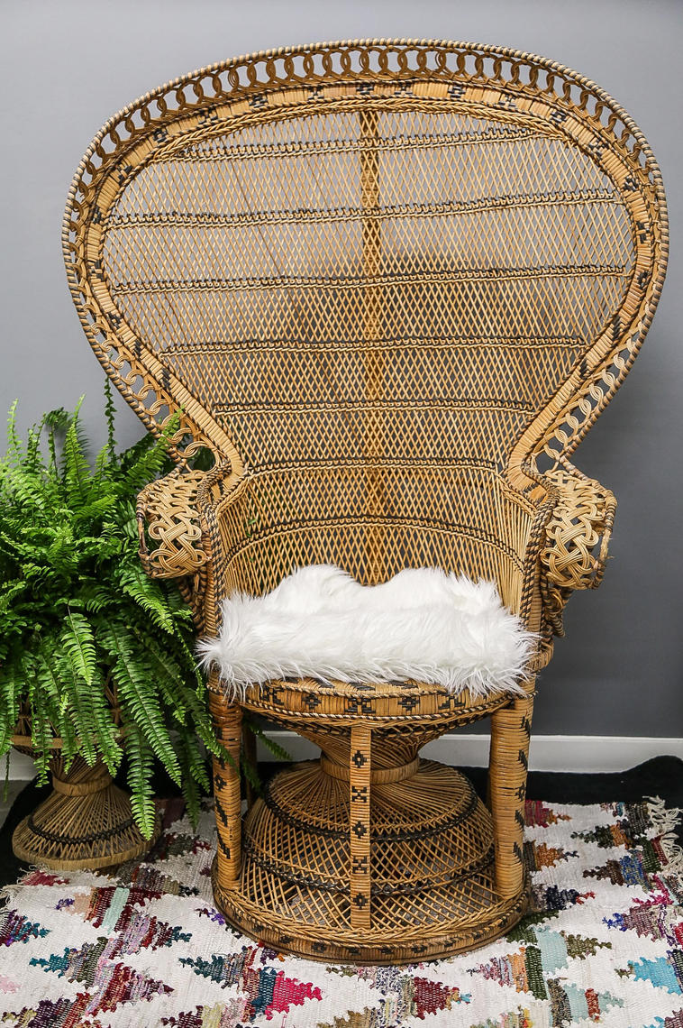 Vintage Emmanuelle Peacock Chair, wicker high back fan, rattan, mid