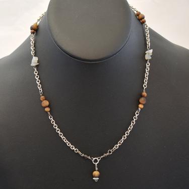70's handcrafted sterling tigers eye smoky &amp; white quartz hippie Y choker, 925 silver rolo chain beads and nuggets boho necklace 