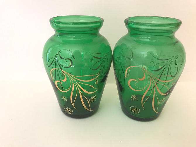 Vintage Pair Green Glass Bud Vases Gold Trim And Design By