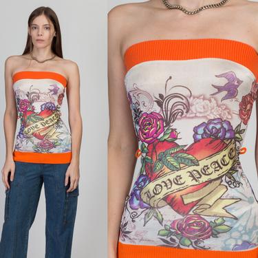 Y2K Tattoo Graphic Tube Top - Extra Small | Vintage Love &amp; Peace Ribbed Stretchy Fitted Shirt 