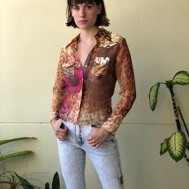 90's Leopard Printed Blouse / Sheer Floral Printed Blouse / Rawr Meow Mrow / Sex Kitten Blouse / Cheetah Printed Shirt / Pink Flowers 