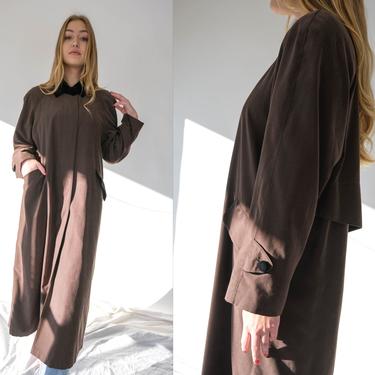 Vintage 80s Anne Klein Chocolate Brown Broad Shoulder Sueded Overcoat w/ Black Velvet Collar &amp; Accents | 1980s Designer Trench Coat Jacket 