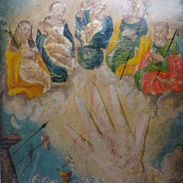1800's La Mano Ponderosa Retablo, The Powerful Hand with Jesus Christ, Mary and Joseph Antique Religious Oil Painting on Tin 