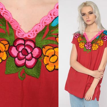 Red Embroidered Blouse Floral MEXICAN Cotton Tunic Top Boho Hippie Bohemian Vintage Tent Shirt Festival Large 