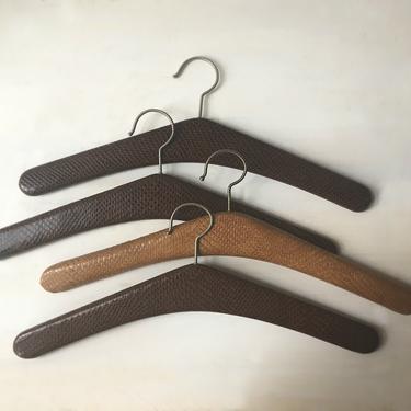 vintage clothes hangers set of 4 brown tan faux leather - 1970 european retro cool 