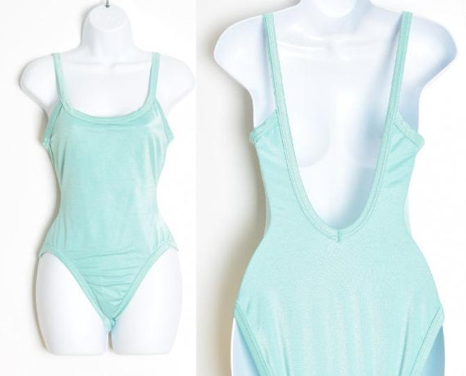 Vintage 80s Swimsuit Aqua One Piece Bathing Suit Bodysuit Pastel Shiny S Clothing By Huncamuncavintage From Hunca Munca Vintage Of Chicago Il Attic