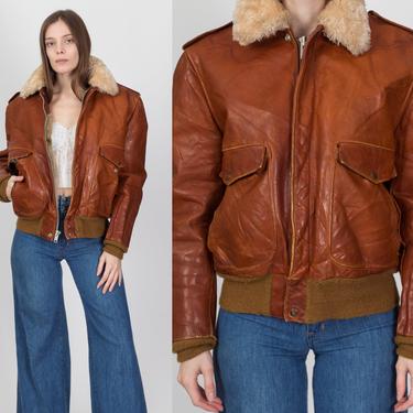 70s Schott Brown Leather Bomber Jacket - Size 42 | Vintage Distressed Unisex Shearling Lined Zip Up Flight Coat 