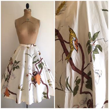 Vintage 1950s Vintage Bird Fruit Novelty Print Skirt 50s Branch Semi Circle Skirt 