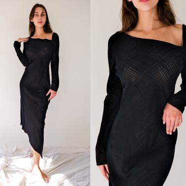 Vintage 90s Richard Tyler Black Wool Gabardine Woven Plaid Asymmetrical Maxi Dress w/ Nude Silk Lining | Made in USA | 1990s Designer Dress 