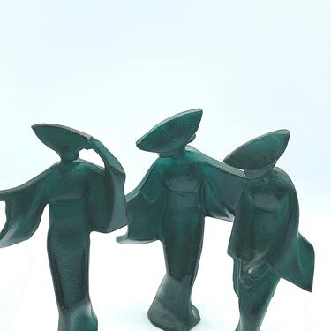 James Mont MCM Japanese Geisha Solid Cast Iron Figurines Set of THREE Green 6.5&quot; 