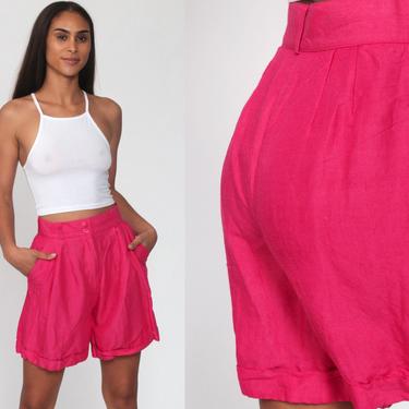 80s Mom Shorts HOT PINK Shorts Retro High Waisted Baggy Cargo Boho 90s Hipster Vintage Pockets Spring High Waist Rayon Ramie Small 26 