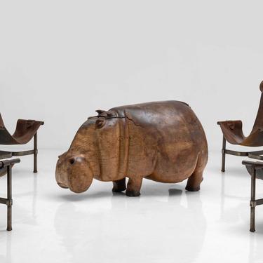 Steel &amp; Leather Sling Chairs / Hippopotamus Sculpture