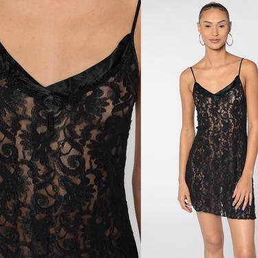 Sheer Black Lace Slip Chemise Lingerie Nightgown Slip Dress Mini Floral Vintage 90s Spaghetti Strap Sleep Sexy Lettuce Edge Hem Small S 