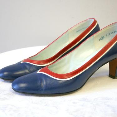 1960s Hill and Dale Red, White, and Blue Leather Heels, Size 7.5AAA 