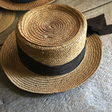 Vintage 70s boater brim black cream straw cello hat  ribbon 21” John Hogan Vintage 1940s Straw Hat Wide Brim WovenBraided Fringe | Deja  main image 2