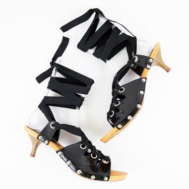 NEW in the Shop /// Vintage Black Patent Leather Studded Lace Up Kitten Heel Sandals size 40 Euro or size 9 US Women's 