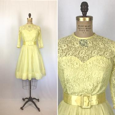 Vintage 50s dress | Vintage yellow lace chiffon fit and flare dress | 1950s sunshine yellow party dress 