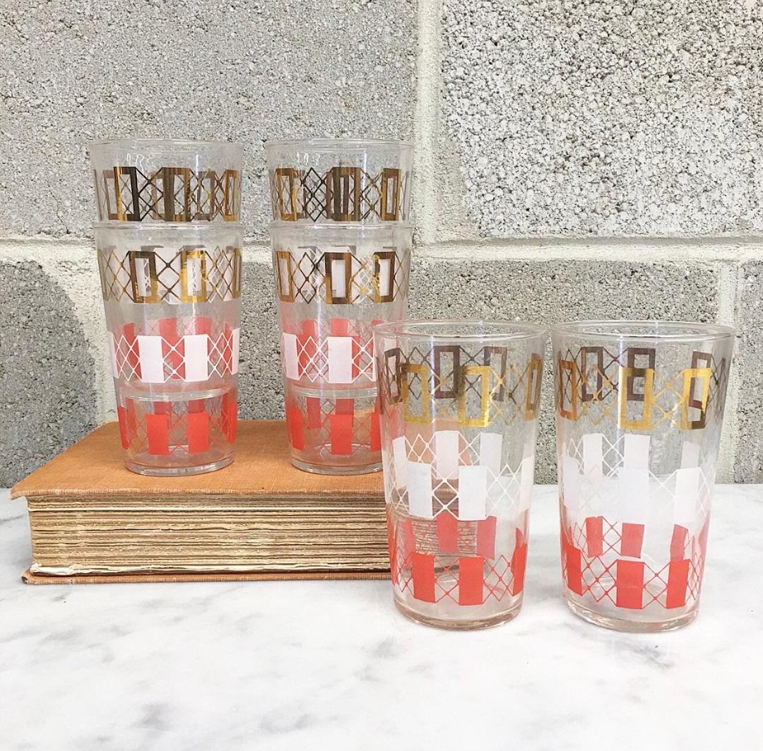 Vintage Federal Glass Tumblers, Set of Six Featuring Gold, White, & Red  Rings, Interlocking Dots on Clear Drinking Glasses, Circa 1960's 