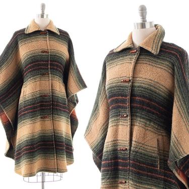 Vintage 1970s 1980s Cape | 70s 80s Striped Wool Boho Retro Winter Poncho Coat (medium/large/x-large) 