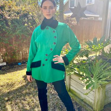 Vintage 80s Karl Lagerfeld Wool Asymmetrical Green Black Avant garde Designer Jacket Coat S M L 