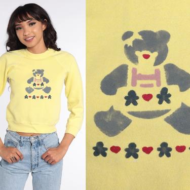 Teddy Bear Sweatshirt 2xs 80s Teddy Bear Print Raglan Sleeve Sweatshirt Pastel Yellow 1980s Kawaii Crewneck Vintage Extra Small 2xs xxs 
