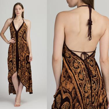 Vintage Tie Dye Embroidered Scarf Hem Sundress - One Size | 90s Boho Brown Hippie Midi Maxi Halter Dress 