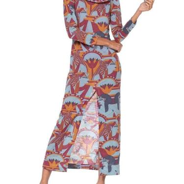 1970S Wool Blend Jersey Egyptian Pharaoh Deco Print Hooded Maxi Dress 