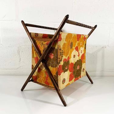 Vintage Knitting Basket Sewing Bag 1950s 1960s Fabric Crocheting Bag Rack Magazine Box Floral Autumn Orange Folding MCM Mid-Century Modern 