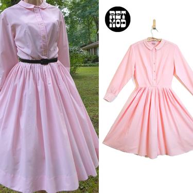 Sweet Vintage 50s 60s Pink Crepe Fit and Flare Long Sleeve Dress with Collar 