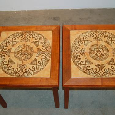 Pair Bekins Made in Denmark Teak 4 Tile Top End / Side Tables Marked w Paper Label ~ Two Danish Modern MCM Tile Top Teak End / Side Tables 