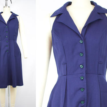 Vintage 70's Navy Blue Work Dress / 1970's Uniform Dress / Pockets / Open Back / Women's Size Medium by Ru