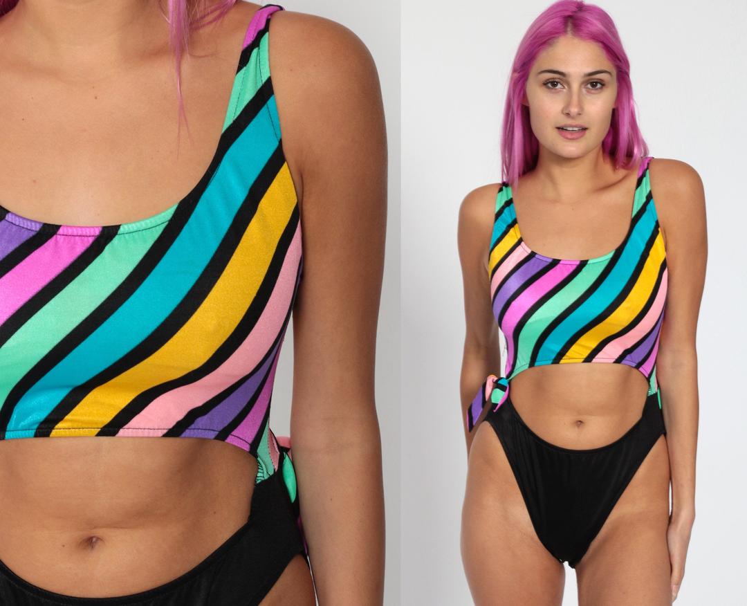 1980s Ungaro striped one piece swimsuit, ties in the back and on the sides 2024 / small