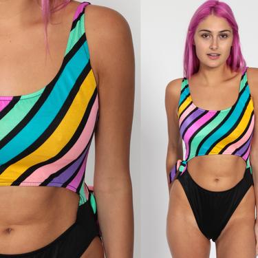 【U LAN】Pick Colorful Back Slit Monokini Women's High Neck Colorblock Tie Back One Piece Black