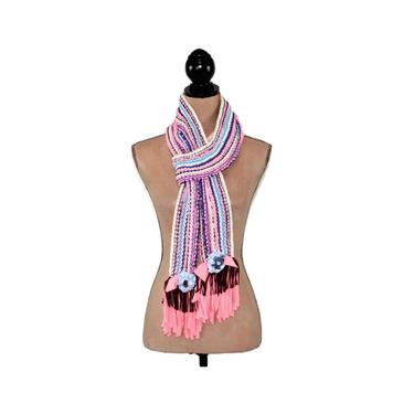 Pastel Knit Scarf with Fringe, Knitted Striped Flower Embellished Handmade Scarves, Women Unique Gift, One of a Kind Hippie Boho Accessories 