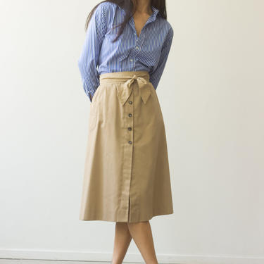 1970s Khaki Button Front A-Line Skirt 