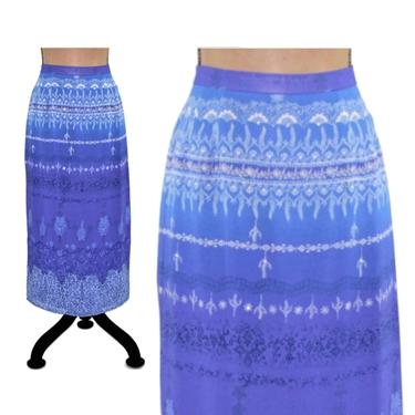 Chiffon Maxi High Waist Straight Long Pencil Skirt Women Medium, Ethnic India Print, 90s Vintage Clothing from Plaza South Petite Size 10 