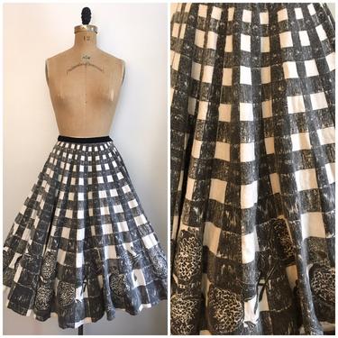 Vintage 1950s Plaid Border Print Circle Skirt 50s Flannel Border Novelty Print Panel skirt 