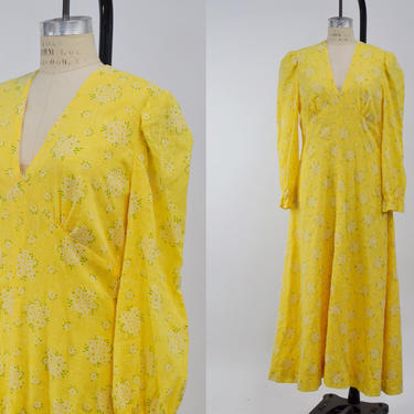 Vintage 1970s Pale Yellow Floral Prairie Maxi Dress, 70s Prairie Style Dress, Cotton Gauze Dress, 70s does 30s, Bohemian Hippie, Size Large by Mo