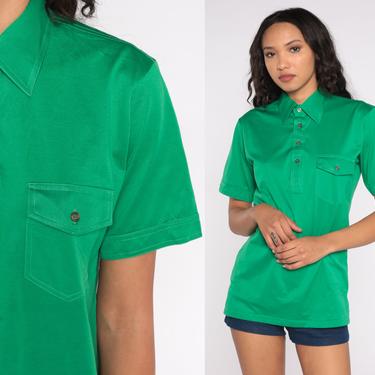 Green Polo Shirt 70s Half Button Up Shirt Dagger Collared Short Sleeve Geek Retro Shirt Plain Green Top Disco Vintage 1970s Small S 