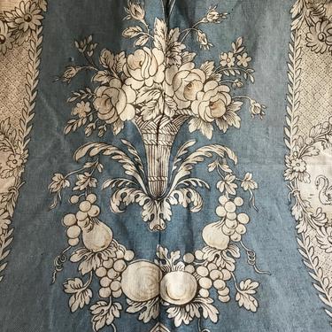 19th C French Linen Textiles, Blue Print, Drapery Panel, Upholstery Fabric, Period Project Textile, Chateau Decor 