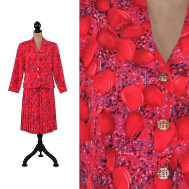80s Red Floral Suit Women Medium, Pleated Midi Skirt &amp; Jacket Set, 2 Piece Polyester, 1980s Clothes Women, Vintage Clothing by Breli Size 10 