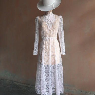 Vintage 70s Pale Pastel Pink Lace Dress with Back Buttons 