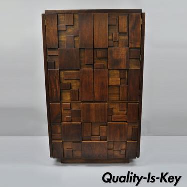 Lane Brutalist Block Front Walnut Gentleman Tall Chest Armoire Patchwork Dresser