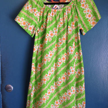 Vintage Psychedelic 60s 70s Neon Green Orange Floral Hawaiian Print Dress Tropical Vacation Handmade Muumuu Shift Day Dress Beach by InAFeverDream