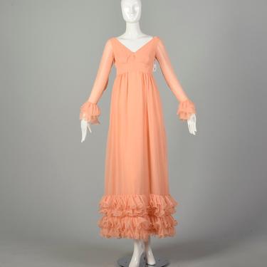 XS 1960s Lillie Rubin Orange Sherbet Gown Maxi Evening Dress Flowy Modest Pastel Ruffle Long Sleeve 