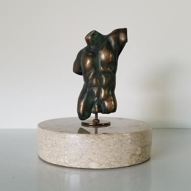 Vintage Bronze Nude Male Bust Sculpture on Marble Base. 